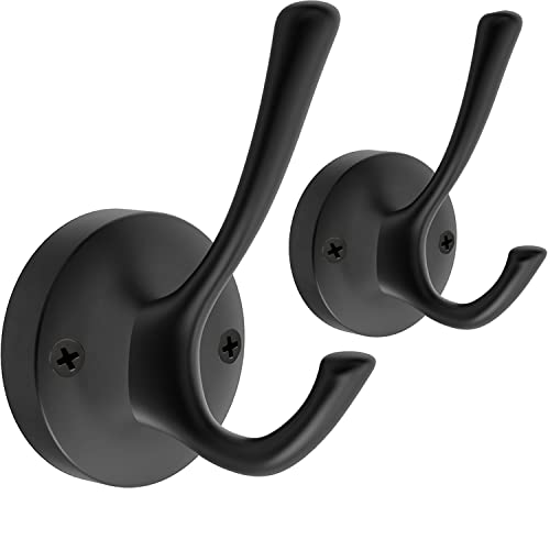 TOFIIGREM Black Towel Hooks, 2 Pack Coat Robe Hook Heavy Duty Metal Double Bathrobe Hook Wall Mounted, Hand Towels Hooks for Cubicle Bathroom Kitchen Closet Garage