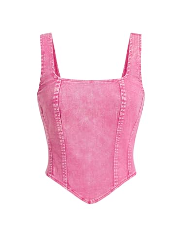 WDIRARA Womens Denim Corset Tank Top Asymmetrical Hem Crop Tops Sleeveless Zip Up Back Tanks Pink Large