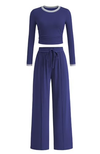 BTFBM Casual Ribbed 2 Piece Sets For Women Fall 2026,Navy Blue White,L