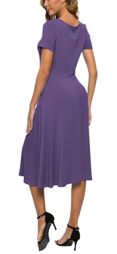 Image of EXCHIC Women's Casual Round Neck Short Sleeve Midi Dress Solid Stretchy Waist Knee Long Dress