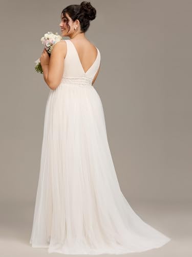 Image of Ever-Pretty Plus Women's V Neck Sleeveless A Line Pleated Tulle Floor Length Bridal Dresses Ivory US14