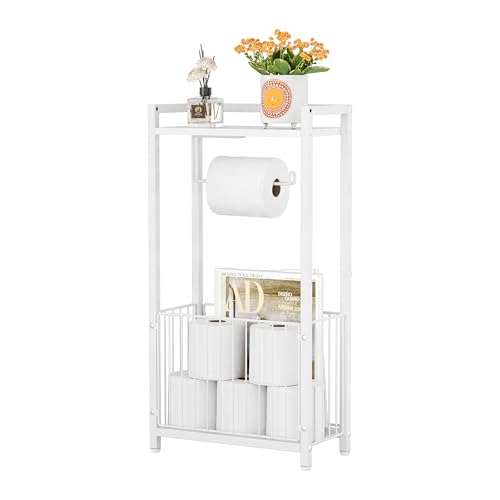 Freestanding Toilet Paper Holder with Storage Shelf - All-in-One Toilet Roll Dispenser and Organizer for Bathroom Tissue Stand with Space for Phone Wipes Magazines (White)