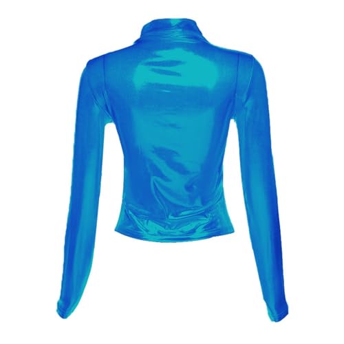 Image of Women's Shiny Metallic Short Sleeve T Shirt Sexy Mock Neck Slim Crop Top Party Disco Club Tees
