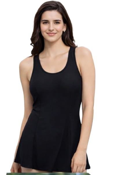 rzlecort Women's Two Piece Swimsuit with Shorts, Black Racerback Swim Dress, High Stretch Cotton Lycra, Modern Style-picture-28