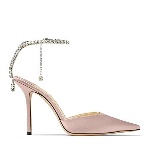 Image of LauraVicci Women's Heeled Sandals Crystal Chain Ankle Straps Rhinestones Buckle High Heels Stiletto Slip On Wedding Party Satin Dress Shoes