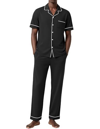 Ekouaer Mens Cotton Pajama Set Short Sleeve Button Down Sleepwear Lounge