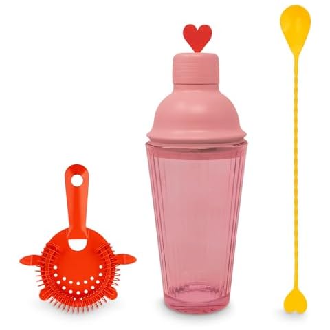 ban.do Cute Bar Set with Shaker, Strainer and Spoon, Cocktail Shaker Set, Bartender Kit, Bar Keeper Accessories, Heart Cover