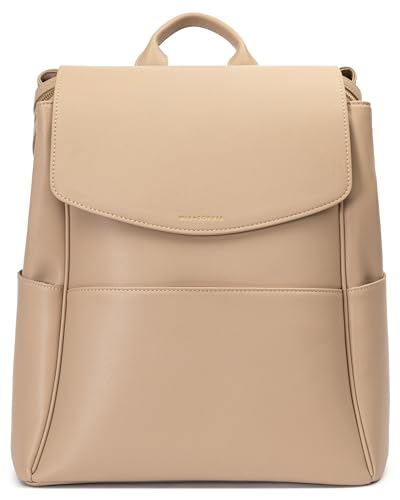 Image of MIA + SOPHIA Leather Diaper Bag Backpack with USB Charging port, Changing Pad, Stroller Straps, and Bottle Holder (Beige Olivia)