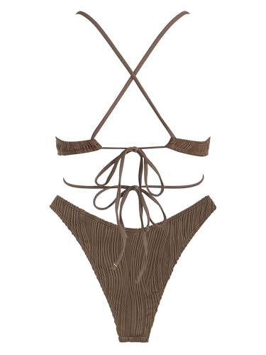 Image of ZAFUL Women's Sexy Cutout Bikini Set High Cut Textured Metal Ring Cheeky Swimsuit Two Piece Bathing Suit
