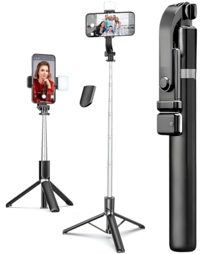 Image of KUBA Selfie Stick Tripod with Light, 67 inch 170CM Tripod for Mobile Phone, Multi Functional Bluetooth Long Selfie Stick for Travel Vlogging Compatible with iPhone and All Smartphones (Black)