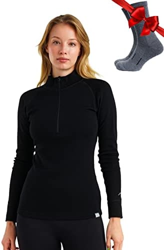 Merino Wool Base Layer Women Long Sleeve Half Zip Shirt (Medium, 320 Black)