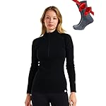 Merino Wool Base Layer Women - 100% Merino Half Zip Sweater Women Lite, Midweight, Heavyweight Thermal Shirts and Socks