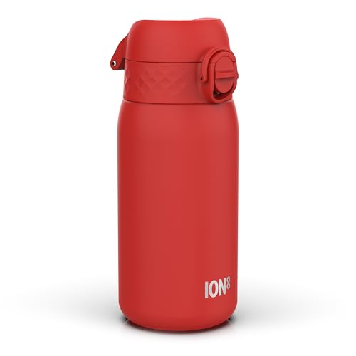 Ion8 Kids Water Bottle, Steel 400 ml/13 oz, Leak Proof, Easy to Open, Secure Lock, Dishwasher Safe, Flip Cover, Carry Handle, Easy Clean, Durable, Metal Water Bottle, Carbon Neutral, Red
