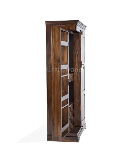 Image of Sheesham Wood Bar Cabinet | Big Wooden Bar Unit with Wine & Whiskey Rack, Glass Holder and Storage Drawers | Brown Finish | Pre-Assembled