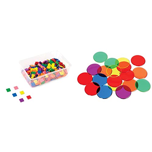 hand2mind Plastic 1 Inch Rainbow Color Tiles (Pack of 400) &amp; Learning Resources Transparent Color Counting Chips (Set of 250), Ages 5+, Multicolor, 3/4 inch