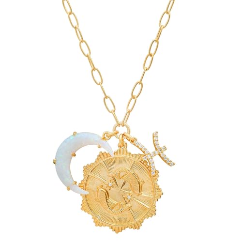 immerFancy Gold Pisces Zodiac with Pisces Coin Opal Crescent Moon Charm Necklace for Women Trendy 18K Gold Plated Retro Paperclip Chain 12 Constellation Horoscope Necklaces Astrology Jewelry Gifts