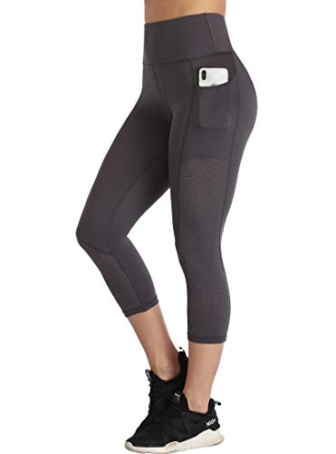 RAYPOSE Womens High Waist Workout Capris Leggings with Pockets Running Yoga Capri Tummy Control Sports Pants for Women Fitness Capri Mesh Non See Through Leaden-XL