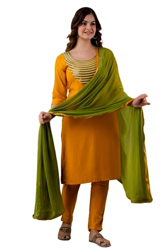 Image of Yashika Women's Cotton Rayon Dark Blue Color Kurta and Pant Set with Dupatta