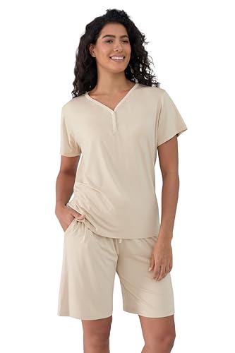 Image of Joyaria Cooling Pajamas Bamboo Viscose PJs Bermuda Shorts Set Women Henley Neck Summer Moisture Wicking Sleepwear