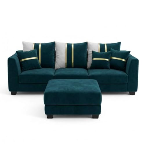 Image of Vero Plush Comfort Sofa Set | 3 Seater + 2 Seater with Ottoman | Luxury Velvet Suede Fabric | Modern Living Room Sofa | Green Teal