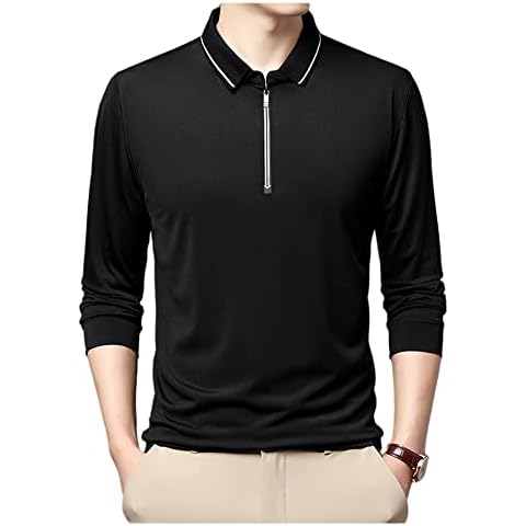 Men Polo Shirt Sport Casual Golf Baseball Men Long Sleeve Solid Color Lapel Zipper Elegant Elasticity Breathable Men T-Shirt F-Black XL Cover