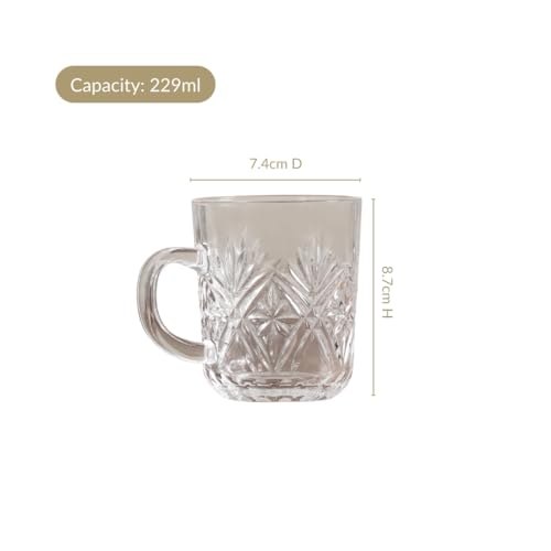 Image of Nestasia Set of 6 Transparent Glass Tea Cups (230ml Each) - Diamond Embossed Durable & Chip-Resistant Coffee Mugs | Perfect for Coffee, Tea, Hot & Cold Beverages