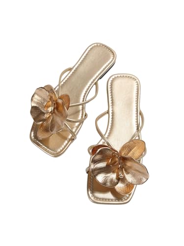 GORGLITTER Women's 3D Flower Sandals Dressy Square Open Toe Floral Flat Sandals Summer Beach Slides 2025 Gold 8.5