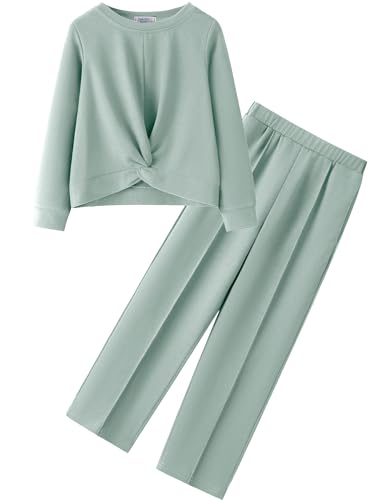 Yekay Size 6 Girls Clothes Two Piece Twist Front Long Sleeve Pullover SweatShirts & Wide Leg Sweatpants Outfits Fashion Jogger Set