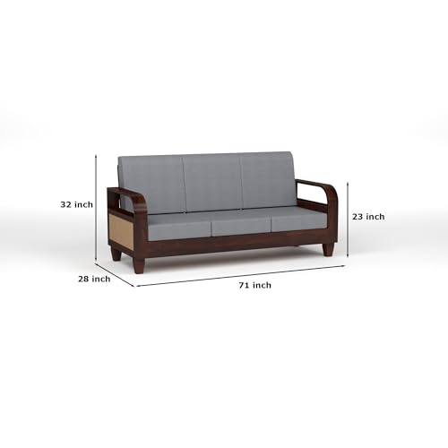 Image of Sheesham Wooden 3 Seater Sofa for Living Room | Solid Wood Sofa with Rattan Cane Side Rack | Rosewood Sofa Set for Home & Office | Lounge (Walnut, 3 Seater)