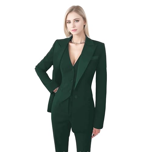 Women's Suiting Jackets Business Casual Outfits for Women Blazer Work Outfits Office Satin Pant Suits for Women 3 Piece Dark Green -18
