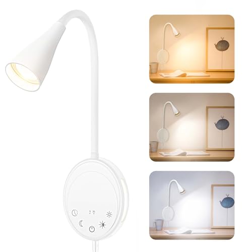 ONELEJA LED Wall Mounted Reading Light, Book Light for Reading in Bed, 5 Dimming & Color Temperature, 360°Flexible Gooseneck, USB Output Bedside Headboard Lights, Timers Function & NightLight