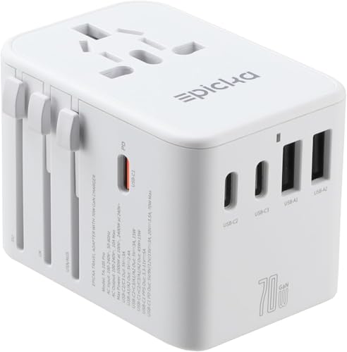 EPICKA GaN Adattatore Universale da Viaggio, PD 70W Adattatore da Viaggio con 3 USB-C, 2 USB-A, Adattatore Presa Internazionale per Giappone, America, Thailandia, Australia, UK DE,bianca