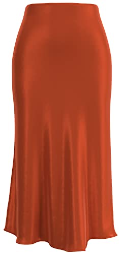 Soowalaoo Womens Brown Skirt Midi Long Length Silk Satin High Waisted Elastic Casual Solid Color Skirts S