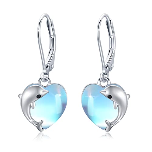 REDSUN Boucles d'oreilles dauphin en argent sterling S925 avec pierre de lune - Boucles d'oreilles pendantes en forme de cœur - Bijou pour femme - Cadeau de...