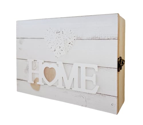 Caja para Llaves de Madera con 5 colgadores de Pared para Entrada, Armario para Llaves diseño Decorativa, Guardallaves para Recibidor 24x16,5x6 cm (Home Blanco)