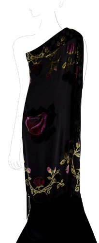 Silk Base Burn-out Velvet Square Shawl, Rose pattern,Wine+Olive on Black,42"x42", 8" Net Tassel3