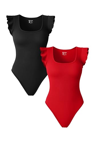 Image of OQQ Women 2 Piece Bodysuits Sexy Ribbed Square Neck Ruffles Sleeve Stretch Fit Basic Tank Tops Bodysuits