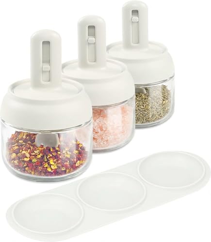 Povinmos&reg; 3 Piece Glass Salt Container | Storage | Pepper,Table Salt, Sugar,Gourmet Salts,Spice...