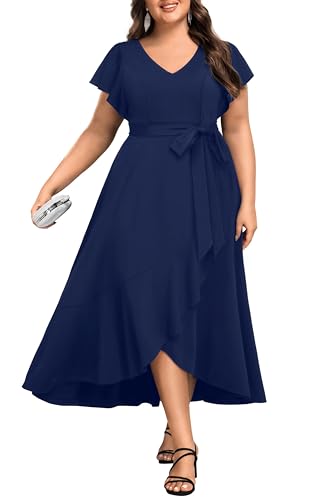 Image of Women Plus Size Wedding Guest Dress - Formal Cocktail Split Ruffle V Neck High Low Party Long Maxi Dresses