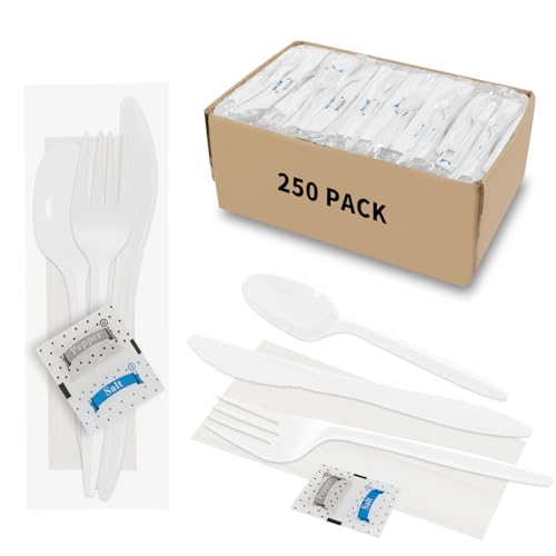 Knife Fork Spoon Napkin Salt Pepper Sets, Individually Wrapped Cutlery Packets (250 Pack-White)