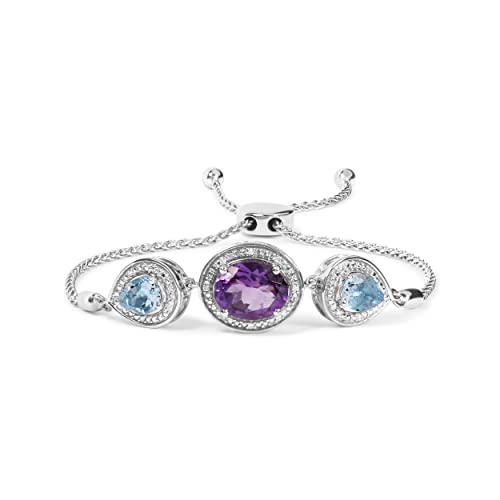 Haus of Brilliance .925 Sterling Silver Oval Amethyst and Pear Blue Topaz with Diamond Accent Lariat 4”-10” Adjustable Bolo Bracelet (H-I Color, SI1-SI2 Clarity)