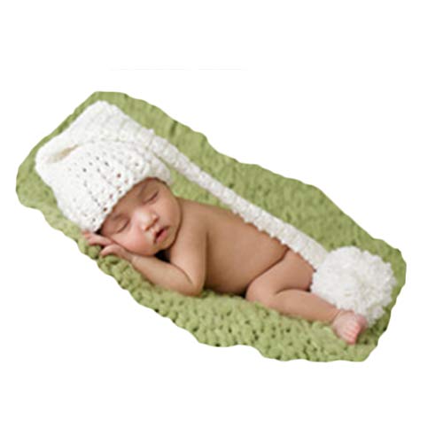 Coberllus Fashion Cute Newbron Baby Photography Prop Crochet Knitted Costume White Long Tail Hat, 0-3 Months