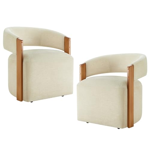 Image of KISLOT Upholstered Dining Chairs Set of 2, Modern Rolling Dining Chairs with Hidden Casters, Wooden Arm Kitchen Chairs with Linen Look Fabric, Padded Barrel Chairs for Dining Room, Kitchen, Sand