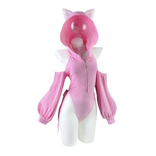 KORURACLUB Cosplay Anime Katzen Outfit(2-teiliges Set) Sexy Damen Kostüm Halloween Bodysuit Sexy Anime Lingerie (Rosa XS-M)