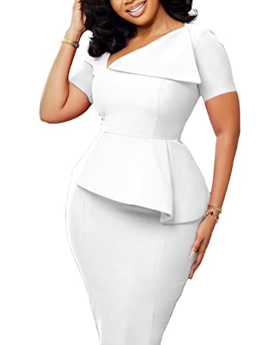 Annystore Women Sexy Peplum Bodycon Short Sleeve V Neck Club Pencil Party Dress Ruffle Business Formal Work Midi Dress White Xl #TOP29
