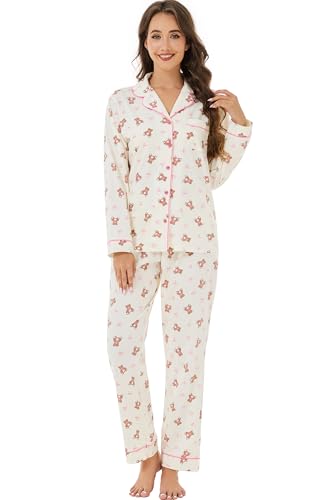 Image of LUBOT 100% Cotton Pajamas for Women Pajama Set 2 Piece PJ Sleepwear Set Soft Ladies Button Knit Long Sleeve Loungewear XS-XXL