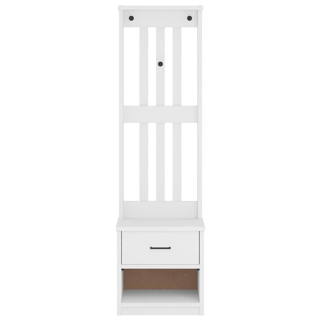 Perchero SANDNES blanco de madera de pino maciza, 45 x 40 x 159,5 cm, con espacio de almacenamiento, banco, cajón y compartimento abierto para pasillo, pasillo y entrada al orden