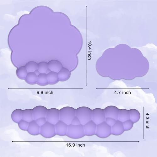 Ergonomic Mouse Pad with Wrist Rest and Cloud Keyboard Wrist Rest, Gel Mousepad and Wrist Rest for Computer Keyboard, Pain Relief, Non-Slip PU Base, Mouse and Keyboard Pad for Gaming, Office, Purple
