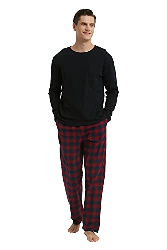 GLOBAL Men’s Flannel Pajama Set 100% Cotton Pijamas Elastic and Drawstring Bottoms and Crew Neck Tops Light Blue Plaids3