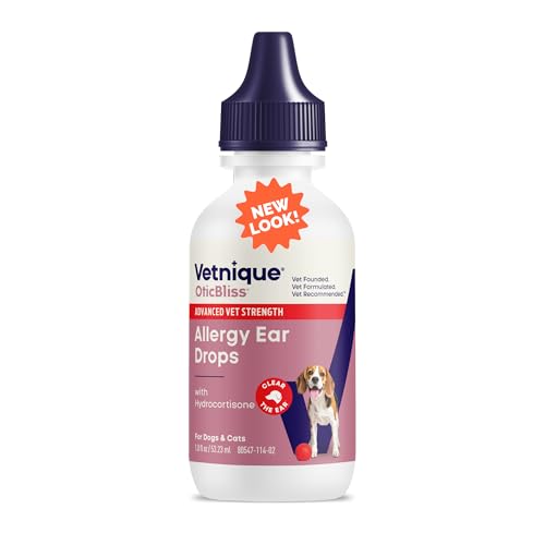 Vetnique Oticbliss Medicated Ear Drops for Dogs, 1% Hydrocortisone Otic Ear Solution for Dogs Ear Allergy Relief - with Chitosan for Soothing - 1.8oz